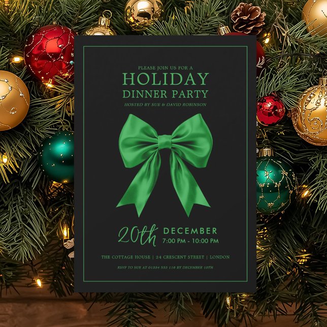 Invitation Holiday Dinner Party Green Satin Bow Black  (Holiday Dinner Party Green Satin Bow Black Invitation)