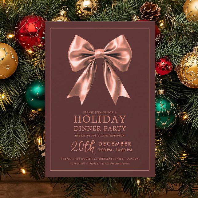 Invitation Holiday Dinner Party Rose Gold Satin Bow Burgundy  (Holiday Dinner Party Rose Gold Satin Bow Burgundy Invitation)