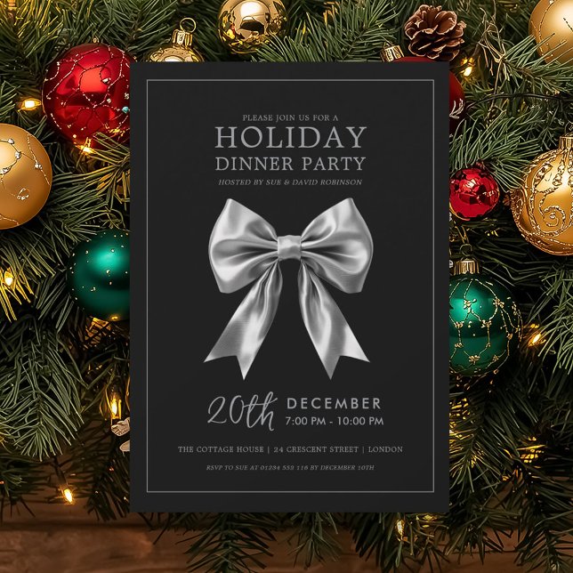 Invitation Holiday Dinner Party Silver Satin Bow Black (Holiday Dinner Party Silver Satin Bow Black Invitation)