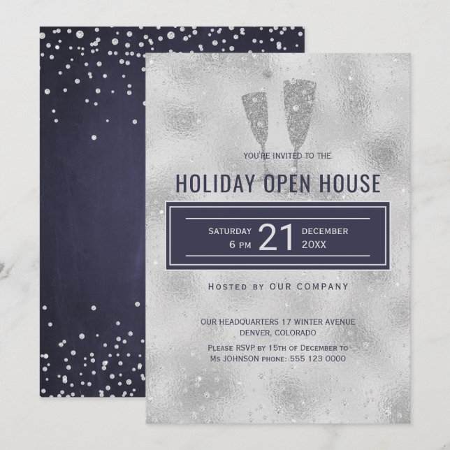 Invitation Holiday Open House Elegant Silver Navy Entreprise (Devant / Derrière)