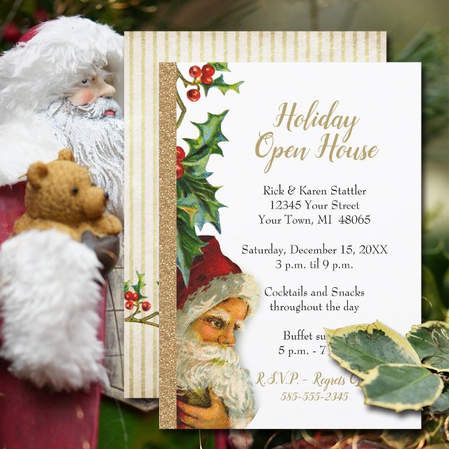 Invitation Holiday Open House Gold Parties scintillant Père N (Festive Holiday Open House invitation with vintage Santa and faux gold glitter.)