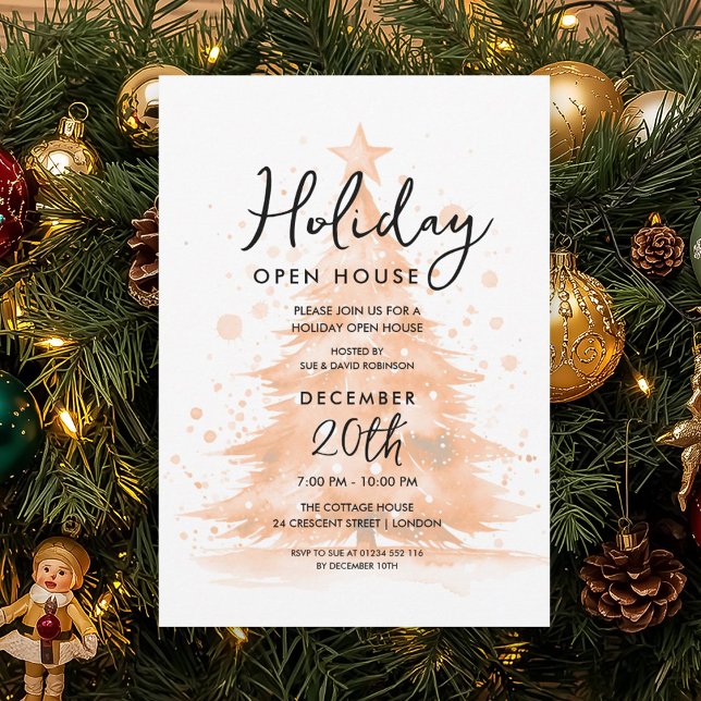 Invitation Holiday Open House Rose Gold Hand Painted Tree (Holiday Open House Rose Gold Hand Painted Tree Invitation)