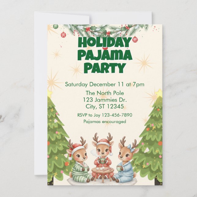 Invitation Holiday Pajama Party, reindeer and cocoa (Devant)