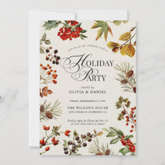 Invitation Holiday Party Botanical Plants Berries Script