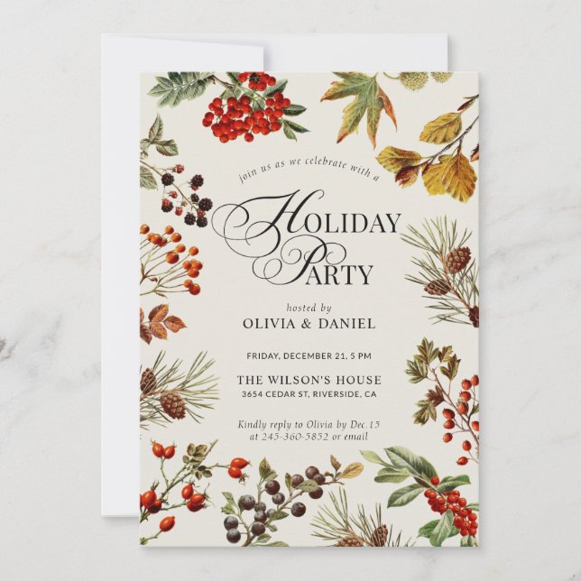 Invitation Holiday Party Botanical Plants Berries Script (Devant)