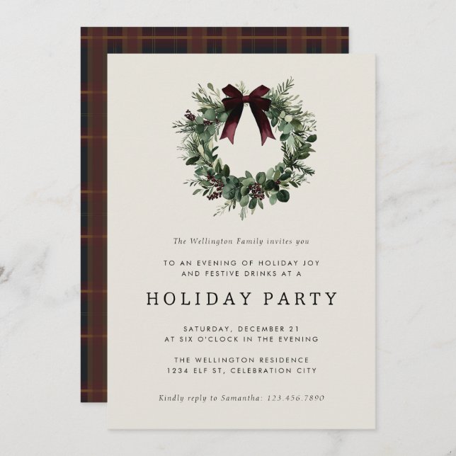 Invitation Holiday Party Festive Christmas Wreath Ribbon (Devant / Derrière)