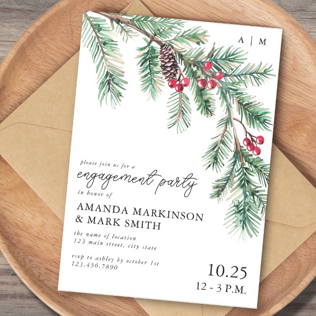 Invitation Holiday Simple Pine Branch Engagement Party (Créateur téléchargé)