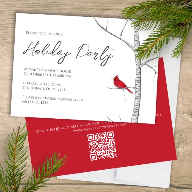 Invitation Holiday Simple Red Cardinal Birch Tree QR Code (Simple Holiday Party invitation with a winter woodland red cardinal bird.)