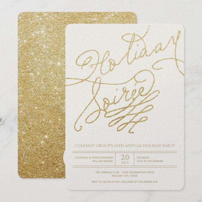Invitation Holiday Soiree Gold Parties scintillant Script Soi (Devant / Derrière)