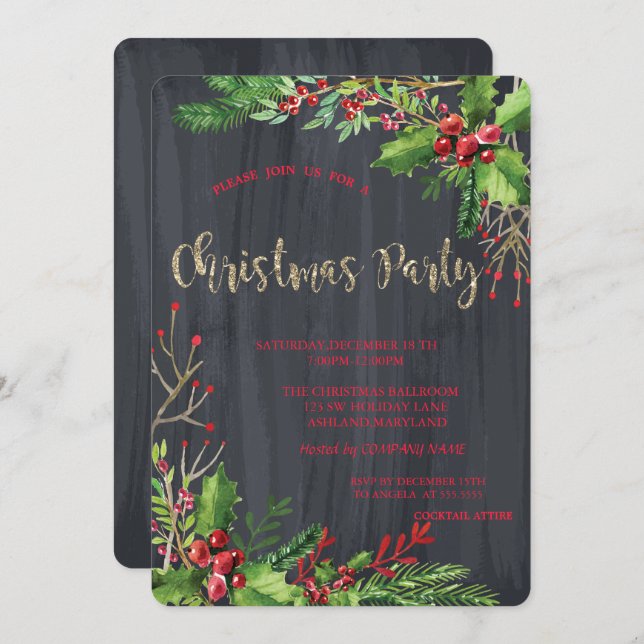 Invitation Holly Berries, Black Company fête de Noël (Devant / Derrière)