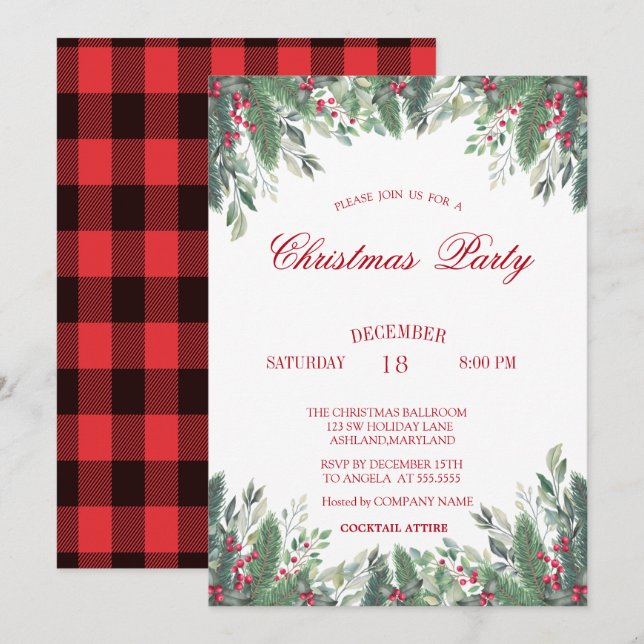 Invitation Holly Berries Branches Red Plaid Christmas Company (Devant / Derrière)