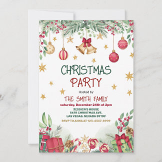 Invitation Holly Berries Gold Baubles Stars Christmas Party
