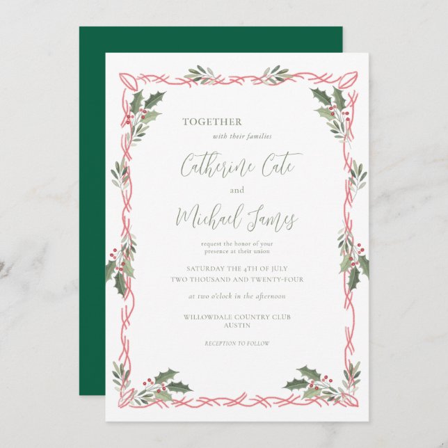 Invitation Holly Berries Green Christmas Theme Wedding (Devant / Derrière)