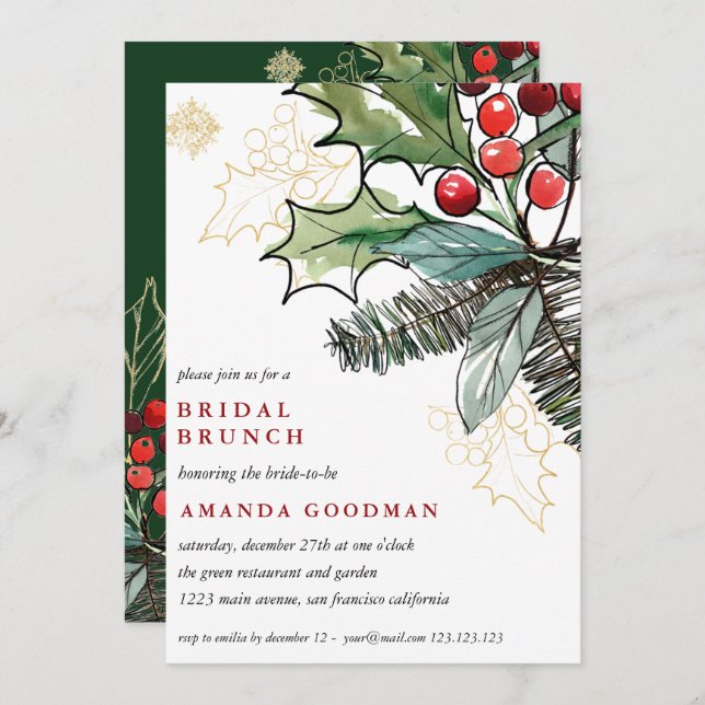 Invitation Holly Berries Noël Mariage Brunch nuptial (Devant / Derrière)