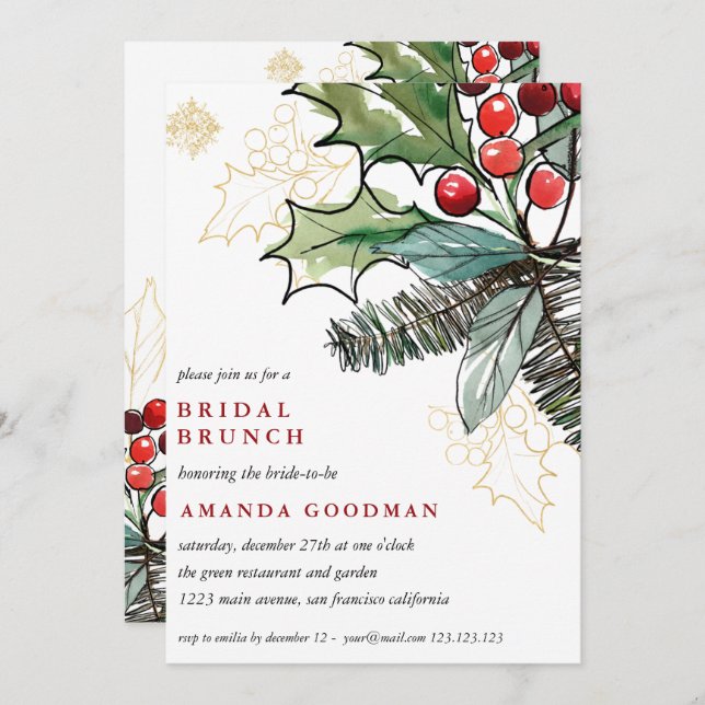 Invitation Holly Berries Noël Mariage Brunch nuptial (Devant / Derrière)