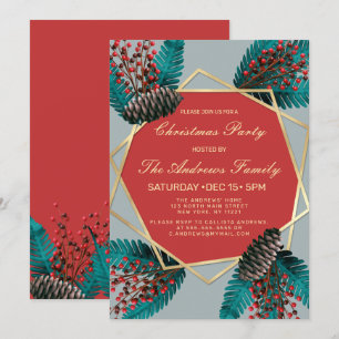 Invitation Holly Berries Pine Cone Bouquet Gold Geo Noël