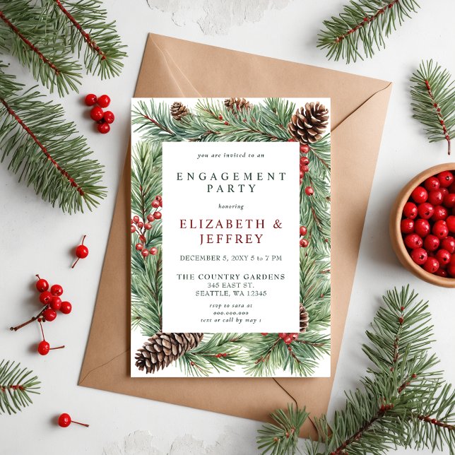 Invitation Holly Berries Pine Cone Noël (Holly Berries Pine Cone Christmas Engagement Party Invitation)