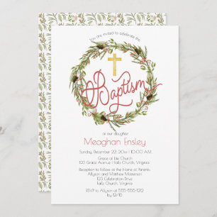 Invitation Holly   Berries Pine Wreath Christmas Baptism Invi