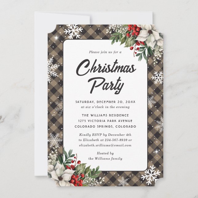 Invitation Holly Berries Poinsettia Plaid Christmas Party (Devant)