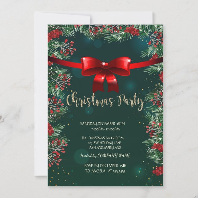 Invitation Holly Berries Red Bow Green Company Noël (Devant)