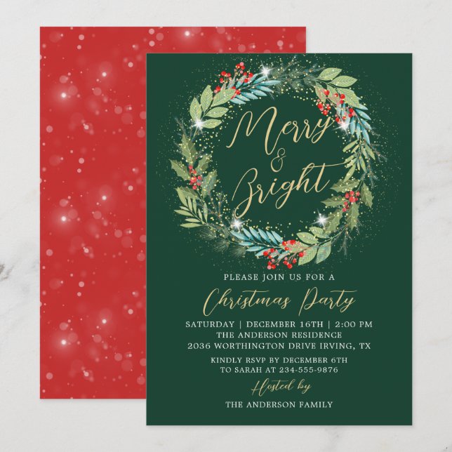 Invitation Holly Berries Wreath Green Red Christmas Party (Devant / Derrière)