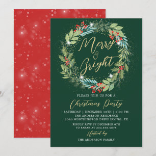 Invitation Holly Berries Wreath Green Red Christmas Party