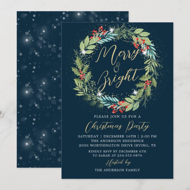 Invitation Holly Berries Wreath Winter Blue Christmas Party (Devant / Derrière)