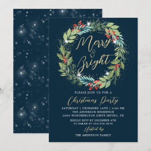 Invitation Holly Berries Wreath Winter Blue Christmas Party