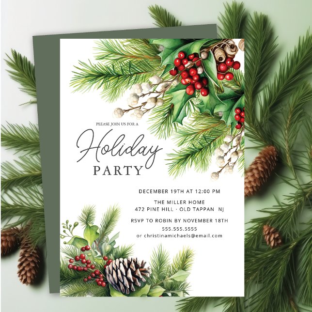 Invitation Holly Berry À feuillage persistant Holiday Party (Créateur téléchargé)