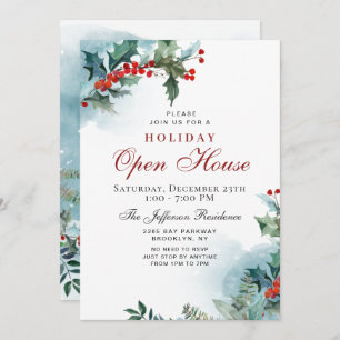 Invitation Holly Berry Christmas Mistletoe Holiday OPEN HOUSE