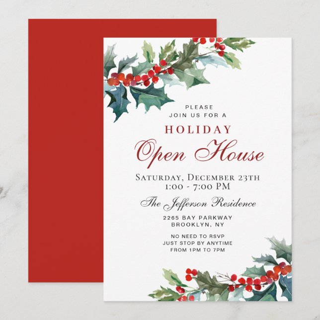 Invitation Holly Berry Christmas Mistletoe Holiday OPEN HOUSE (Devant / Derrière)