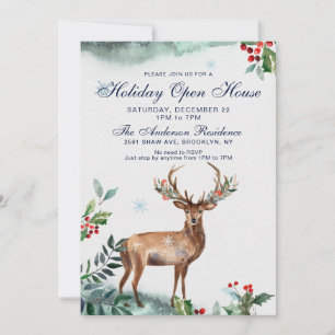 Invitation Holly Berry Deer Christmas Holiday Open House