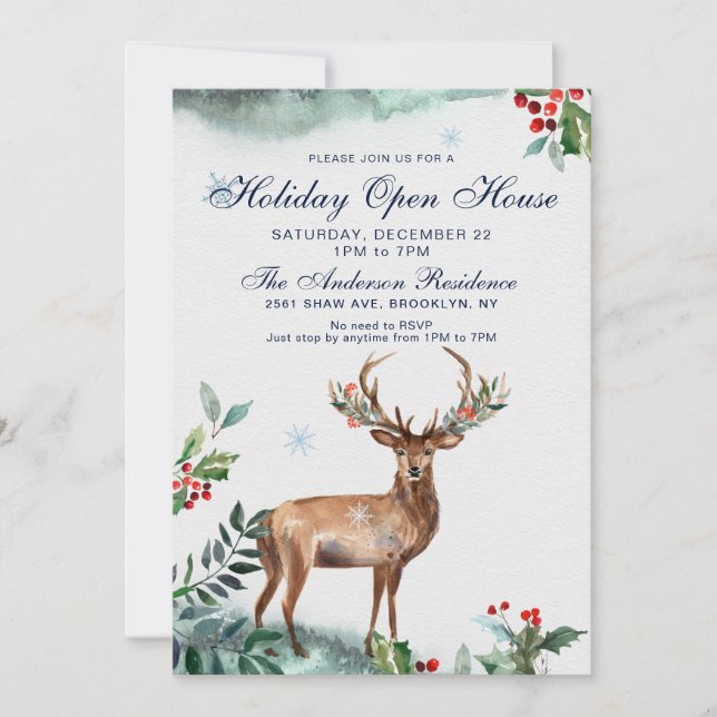 Invitation Holly Berry Deer Christmas Holiday Open House (Devant)