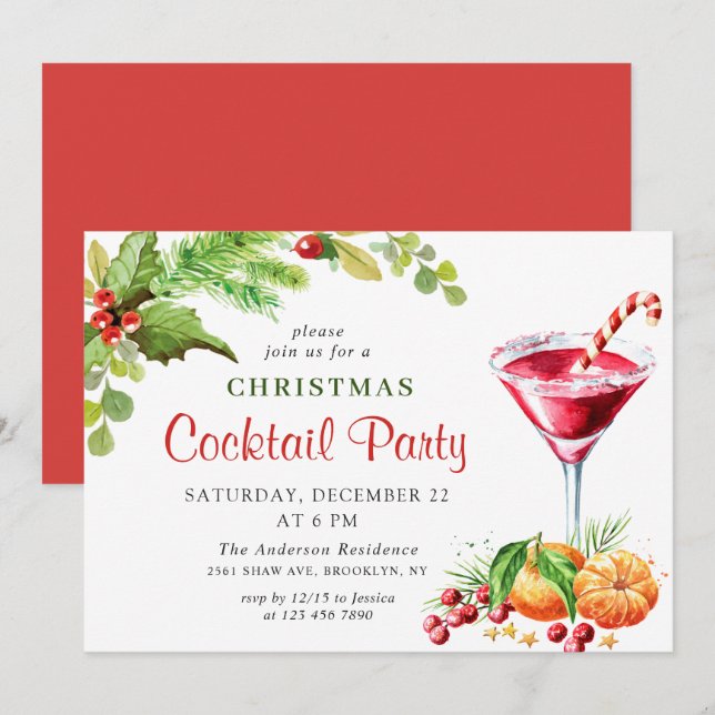 Invitation Holly Berry Fête de Noël Cocktail (Devant / Derrière)