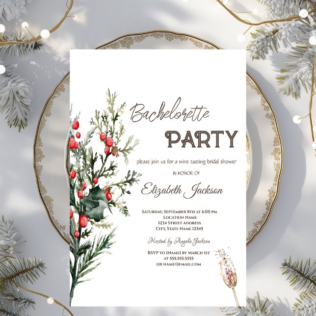 Invitation Holly Berry Greenery Bachelorette aquarelle   (Créateur téléchargé)