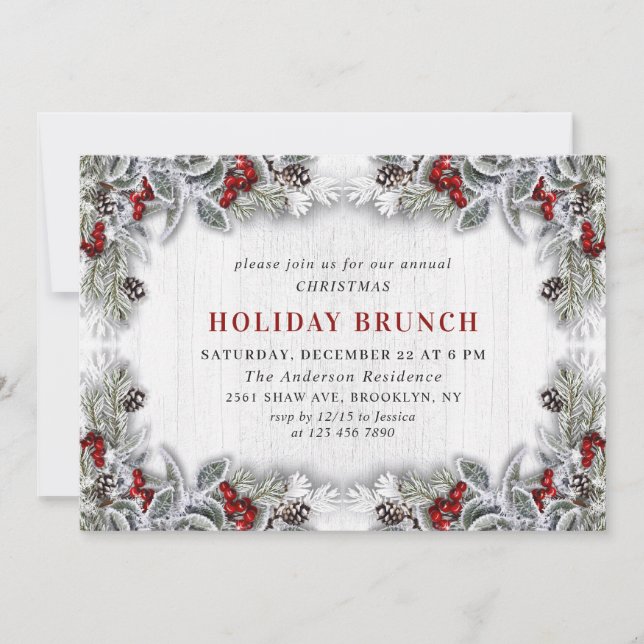 Invitation Holly Berry Pine Cones Branch VACANCES BRUNCH (Devant)