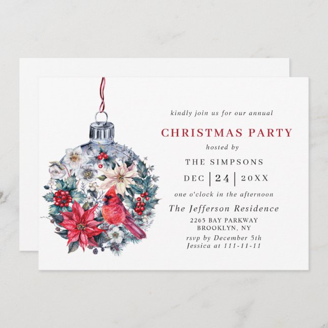 Invitation Holly Berry Red Cardinal Noël Fête de Noël (Devant / Derrière)