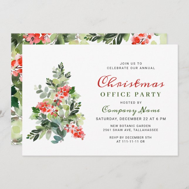 Invitation Holly Berry Tree Corporate Christmas Party FÊTE (Devant / Derrière)