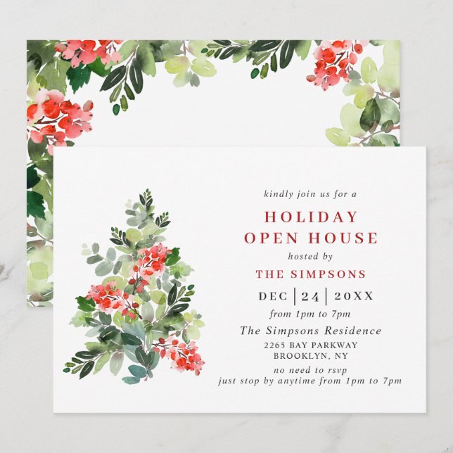 Invitation Holly Berry Tree NOËL HOLIDAY HOUSE OPEN HOUSE (Devant / Derrière)