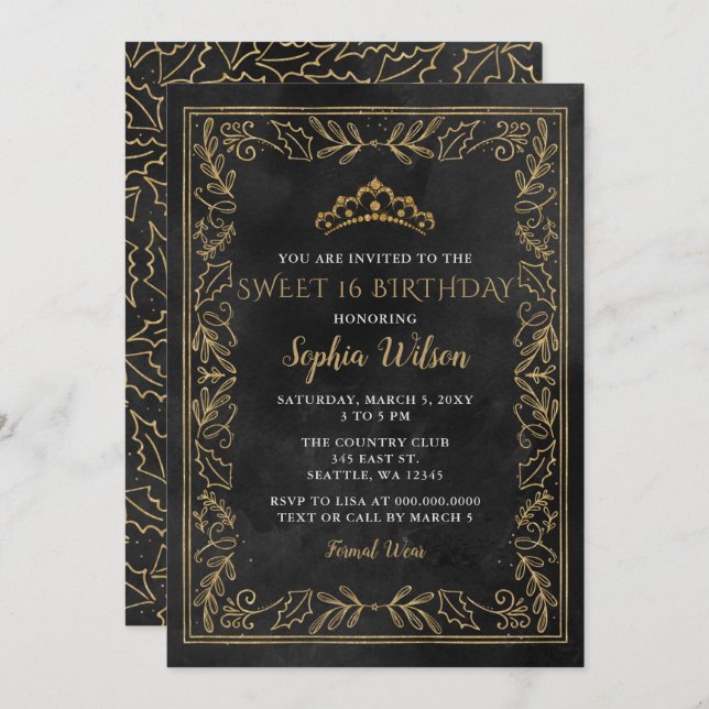 Invitation Holly Black Gold Princess Tiara Sweet 16 Anniversa (Devant / Derrière)