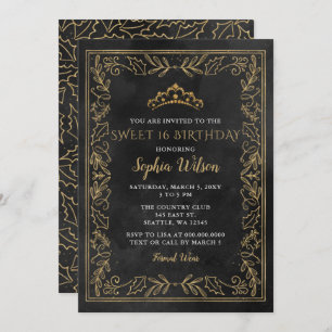 Invitation Holly Black Gold Princess Tiara Sweet 16 Anniversa