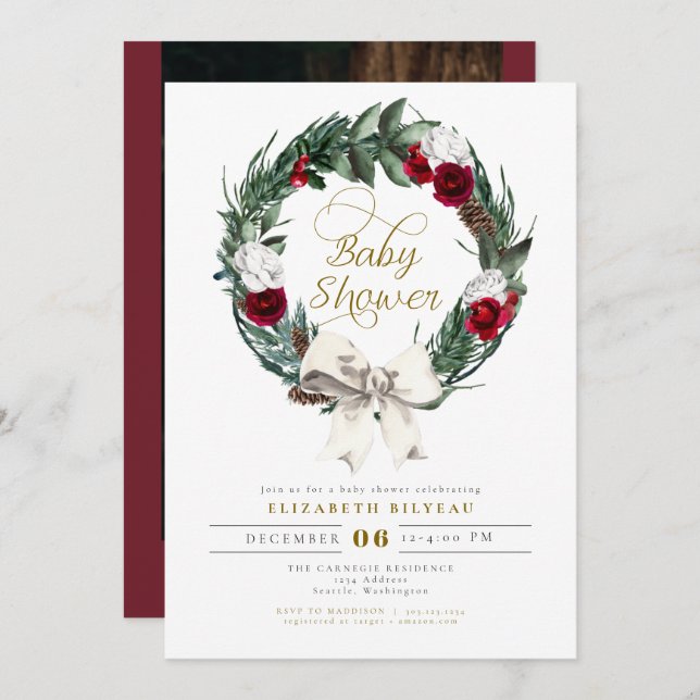 Invitation HOLLY Christmas Burgundy Floral Baby shower photo (Devant / Derrière)
