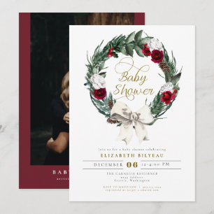 Invitation HOLLY Christmas Burgundy Floral Baby shower photo