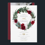 Invitation HOLLY Christmas Burgundy Floral Photo Mariage<br><div class="desc">Ce faire-part de mariage est doté d'une aquarelle bordeaux et d'une couronne de pin jumelée à une police dorée amusante. Modifiez facilement le libellé *most* pour répondre à vos besoins. Changez la couleur de l'arrière - plan et ajoutez votre propre photo à l'arrière avec votre site mariage pour une touche...</div>