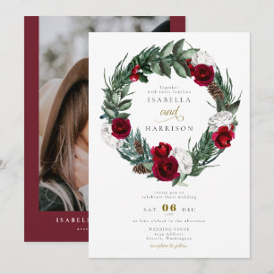 Invitation HOLLY Christmas Burgundy Floral Photo Mariage