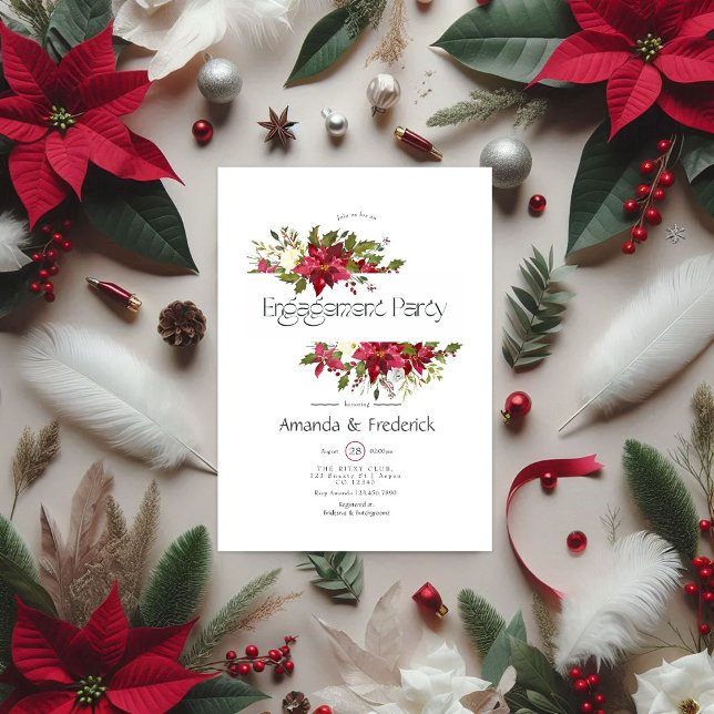 Invitation Holly et Poinsettia Christmas Engagement Party (Watercolor Floral Christmas Engagement Party Invitation)