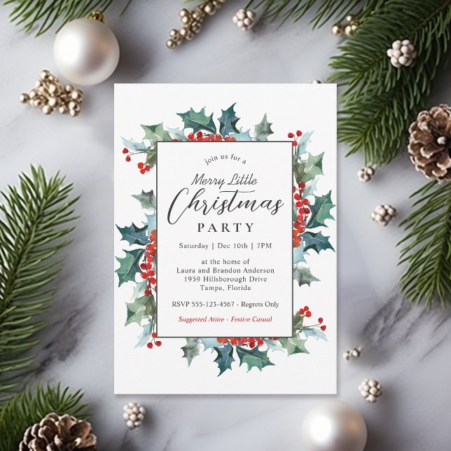 Invitation Holly Evergreens Joyeux Noël (Available in both printed and instant download digital formats.)