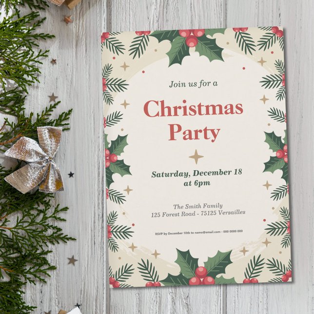 Invitation Holly Feuilles & Berries - Noël (Holly Leaves & Berries - Christmas Party Invitation)