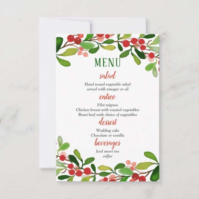 Invitation Holly Feuilles Berry Noël | Menu Mariage (Devant)