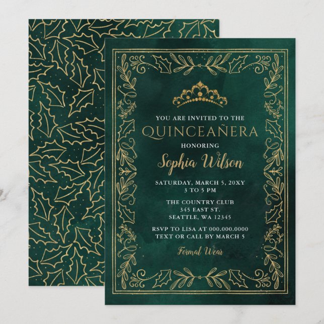 Invitation Holly Green Gold Princesse Tiara Quinceañera (Devant / Derrière)
